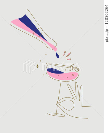 Hand hold glass of champagne and bottle beige Hand hold glass of champagne and bottle beige 128502264