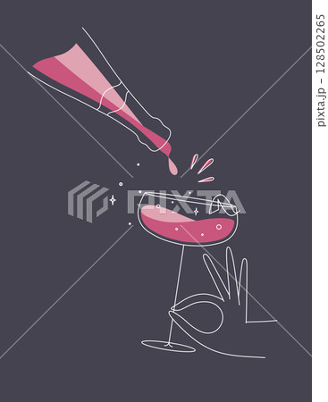 Hand hold glass of champagne and bottle dark blue Hand hold glass of champagne and bottle dark blue 128502265