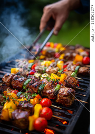 Grilled meat and vegetable skewers on a barbecue, fire smoke in the background 128502277