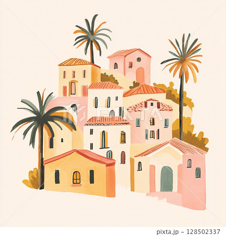 A charming, stylized watercolor illustration depicts a cluster of colorful Mediterranean houses with palm trees against a light beige background. A charming, stylized watercolor illustration depicts a cluster of colorful Mediterranean houses with palm trees against a light beige background. 128502337