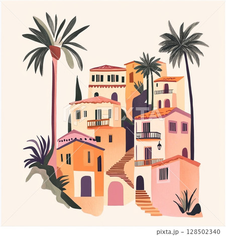 A charming, stylized watercolor illustration depicts a cluster of colorful Mediterranean houses with palm trees against a light beige background. A charming, stylized watercolor illustration depicts a cluster of colorful Mediterranean houses with palm trees against a light beige background. 128502340