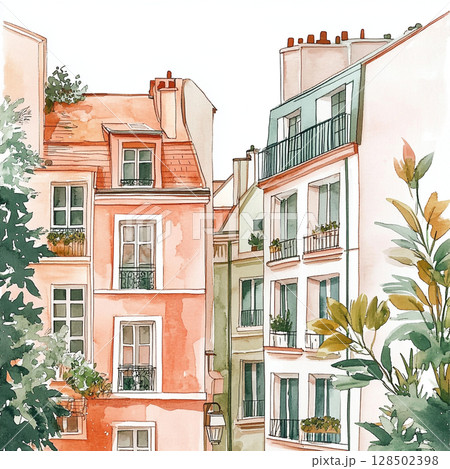A stylized watercolor illustration portrays a row of colorful Parisian apartment buildings with intricate windows, balconies, and abundant potted plants and greenery. 128502398