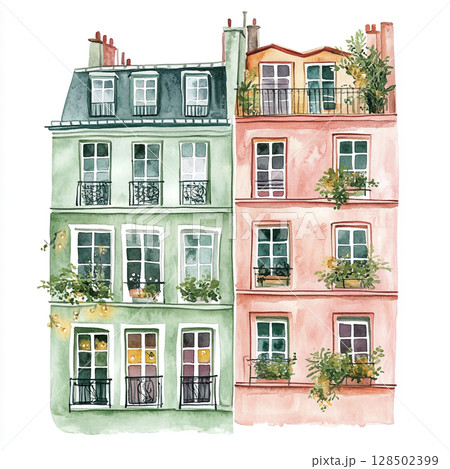 A stylized watercolor illustration portrays a row of colorful Parisian apartment buildings with intricate windows, balconies, and abundant potted plants and greenery. 128502399