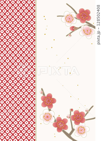 梅の花と鹿の子模様を組み合わせた和風の背景素材｜梅、鹿の子、和柄、背景、飾り枠、はがき 128502408