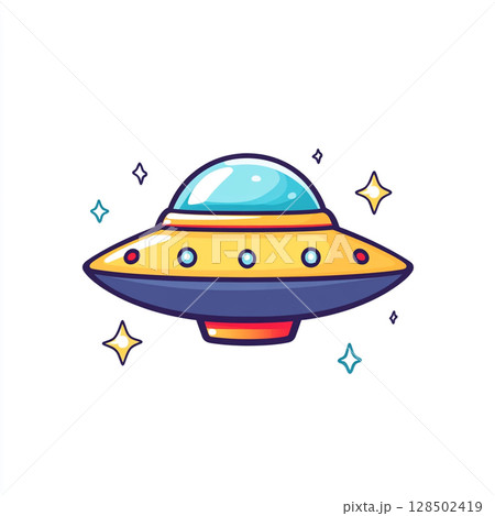 A colorful hand-drawn cartoon UFO, isolated on a white background. 128502419