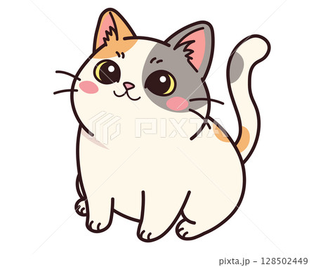 A cute kawaii calico cat sitting and looking up with a happy, hopeful expression. Adorable cartoon character, perfect for stickers, nursery art, pet adoption themes, and as a friendly mascot. Vector i 128502449