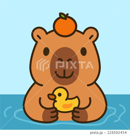 Cute kawaii capybara hugging a yellow rubber duck while bathing, with a yuzu fruit on its head. Adorable character symbolizing friendship, kindness, and simple joys. Perfect vector illustration for nu Cute kawaii capybara hugging a yellow rubber duck while bathing, with a yuzu fruit on its head. Adorable character symbolizing friendship, kindness, and simple joys. Perfect vector illustration for nu 128502454