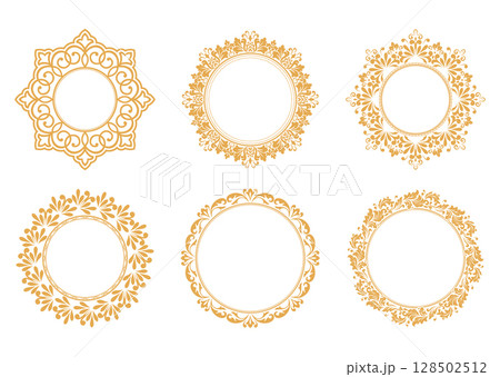 Set of decorative frames Elegant vector element for design in Eastern style, place for text. Floral golden and white borders. Lace illustration for invitations and greeting cards Set of decorative frames Elegant vector element for design in Eastern style, place for text. Floral golden and white borders. Lace illustration for invitations and greeting cards 128502512