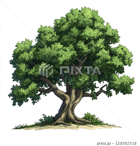 A vibrant, full-grown oak tree with dense green foliage and a sturdy brown trunk stands on a patch of grass against a clean white background. 128502518