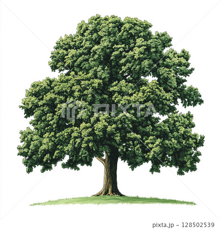A vibrant, full-grown oak tree with dense green foliage and a sturdy brown trunk stands on a patch of grass against a clean white background. 128502539