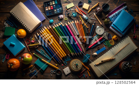 Colorful School Supplies on Wooden Desk. Back to School Concept. Generated image 128502564