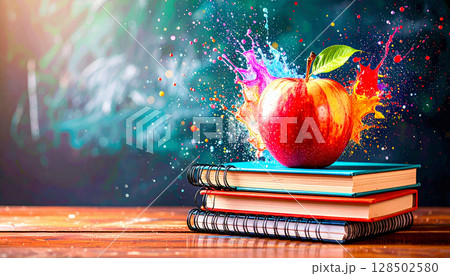 Stack of Notebooks and Apple on Table. Back to School Concept. Generated image 128502580