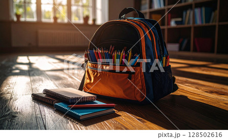 Backpack and School Supplies on Floor. Back to School Concept. Generated image 128502616