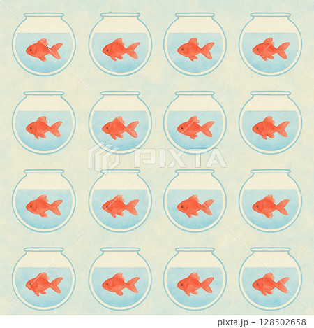 金魚シリーズ：金魚鉢の中の金魚を並べた和風パターン 128502658