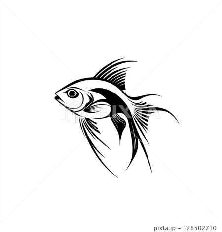 A sleek, stylized black ink silhouette of a fish with prominent fins and an eye, presented against a clean white background. A sleek, stylized black ink silhouette of a fish with prominent fins and an eye, presented against a clean white background. 128502710