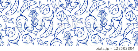 Marine hand drawn doodle pattern with assorted fish and anchor. Blue background for men product, packaging and textiles, branding Blue nautical vector illustration with minimal clean look. 128502804