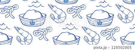 Marine style blue doodle pattern with shrimp, fisherman cap, knot and waves. Background for packaging, textile and men gift. Quirky nautical vector doodle illustration. 128502805