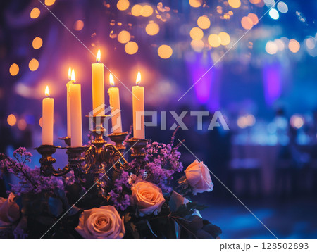 A close-up of a candelabra with lit white candles next to a bouquet of pink and white flowers, all set against a blurry purple background with bokeh lights. 128502893