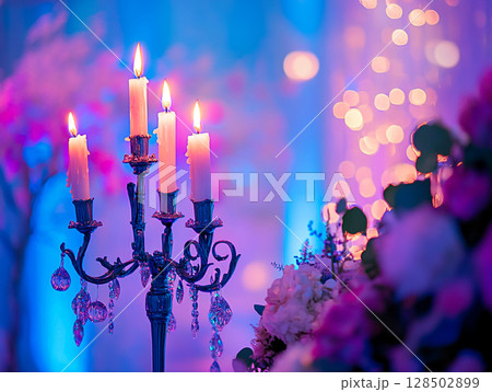 A close-up of a candelabra with lit white candles next to a bouquet of pink and white flowers, all set against a blurry purple background with bokeh lights. A close-up of a candelabra with lit white candles next to a bouquet of pink and white flowers, all set against a blurry purple background with bokeh lights. 128502899