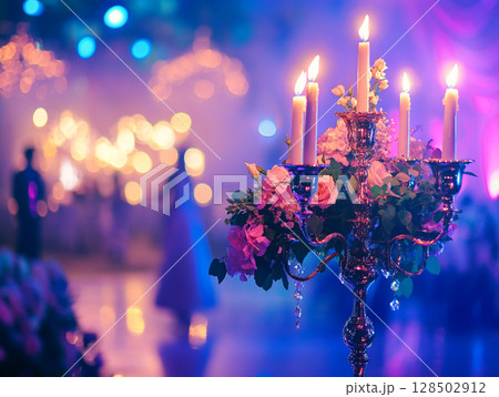 A close-up of a candelabra with lit white candles next to a bouquet of pink and white flowers, all set against a blurry purple background with bokeh lights. 128502912