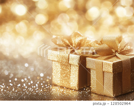 Two sparkling golden gift boxes with bows, set against a shimmering gold bokeh background, evoking celebration and luxury. 128502964