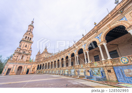 Plaza de Espana Seville Spain Historic Architecture Tower and Arches. Plaza de Espana Seville Spain Historic Architecture Tower and Arches. 128502993