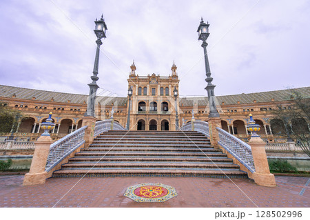 Plaza de Espana Seville Spain Bridge and Historic Building Facade. Plaza de Espana Seville Spain Bridge and Historic Building Facade. 128502996