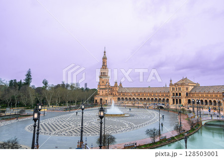Sevilla Plaza de Espana with Fountain and Tower at Dusk. 128503001