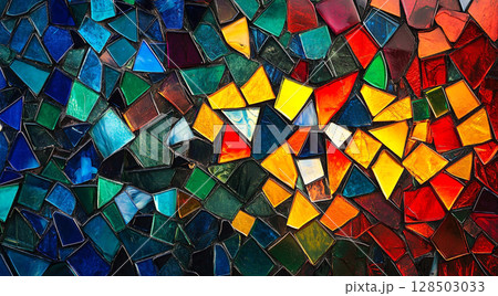A vibrant mosaic made of irregular, colorful glass pieces, transitioning from warm reds and yellows on the left to cool blues and greens on the right. 128503033
