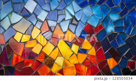 A vibrant mosaic made of irregular, colorful glass pieces, transitioning from warm reds and yellows on the left to cool blues and greens on the right. 128503034