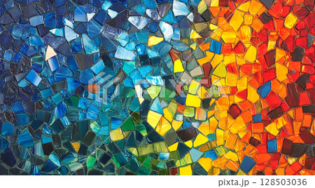 A vibrant mosaic made of irregular, colorful glass pieces, transitioning from warm reds and yellows on the left to cool blues and greens on the right. 128503036