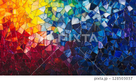 A vibrant mosaic made of irregular, colorful glass pieces, transitioning from warm reds and yellows on the left to cool blues and greens on the right. 128503037