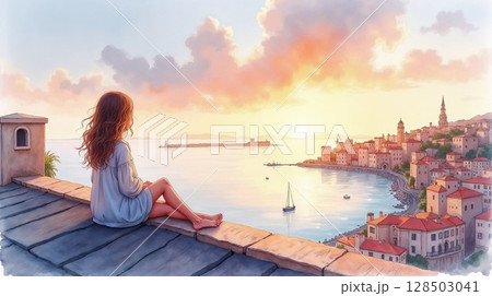 地中海の夕日オレンジの海を眺める女の子 128503041