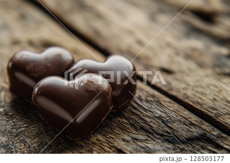 A close-up of various heart-shaped chocolates, including dark, milk, and white, with different toppings, arranged on a rustic wooden surface. 128503177