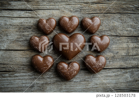 A close-up of various heart-shaped chocolates, including dark, milk, and white, with different toppings, arranged on a rustic wooden surface. A close-up of various heart-shaped chocolates, including dark, milk, and white, with different toppings, arranged on a rustic wooden surface. 128503178