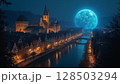 満月の夜と中世の街並み 128503294