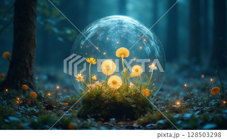 月が輝く森の幻想的な苔のテラリウム 月が輝く森の幻想的な苔のテラリウム 128503298