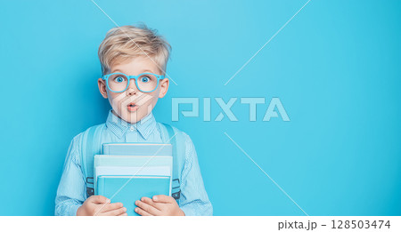 Surprised boy with books and glasses on blue background 128503474