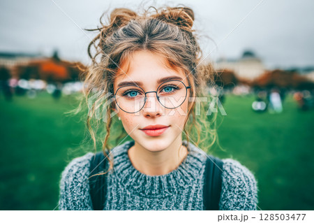 Portrait of teenage girl with curly hair and round glasses, standing on grass in park 128503477