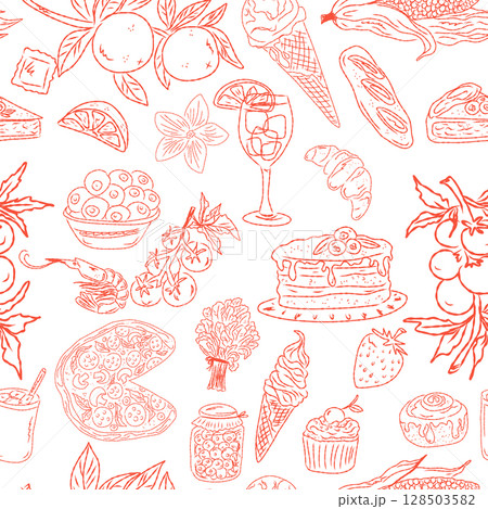 Seamless pattern of hand drawn summer food icons. Mediterranean dolce vita. Sketchy, whimsical style. 128503582