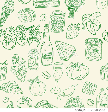 Seamless pattern of hand drawn summer food icons. Mediterranean dolce vita. Sketchy, whimsical style. Seamless pattern of hand drawn summer food icons. Mediterranean dolce vita. Sketchy, whimsical style. 128503583