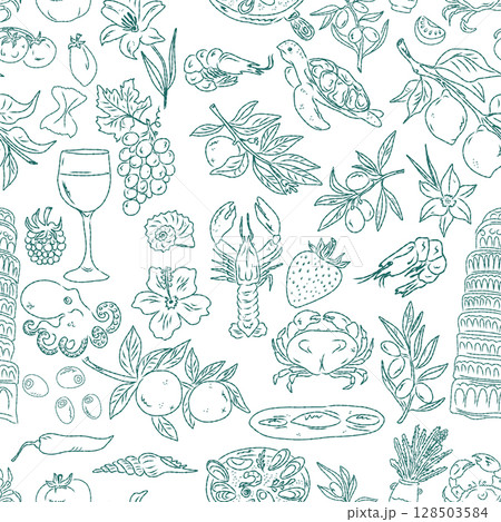 Seamless pattern of hand drawn summer food icons. Mediterranean dolce vita. Sketchy, whimsical style. 128503584