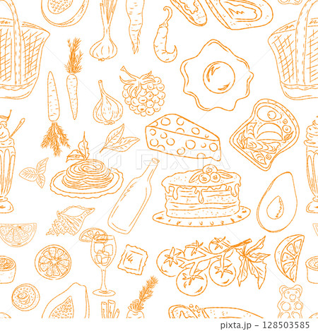 Seamless pattern of hand drawn summer food icons. Mediterranean dolce vita. Sketchy, whimsical style. 128503585