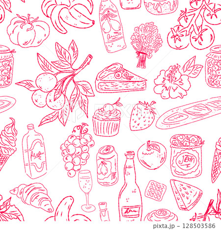 Seamless pattern of hand drawn summer food icons. Mediterranean dolce vita. Sketchy, whimsical style. 128503586