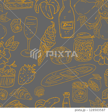 Seamless pattern of hand drawn summer food icons. Mediterranean dolce vita. Sketchy, whimsical style. 128503587