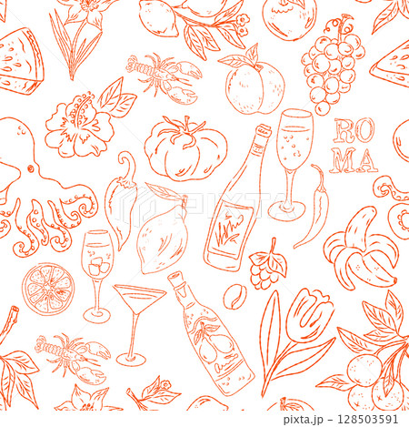 Seamless pattern of hand drawn summer food icons. Mediterranean dolce vita. Sketchy, whimsical style. 128503591