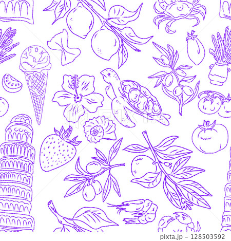 Seamless pattern of hand drawn summer food icons. Mediterranean dolce vita. Sketchy, whimsical style. 128503592
