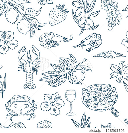 Seamless pattern of hand drawn summer food icons. Mediterranean dolce vita. Sketchy, whimsical style. Seamless pattern of hand drawn summer food icons. Mediterranean dolce vita. Sketchy, whimsical style. 128503593