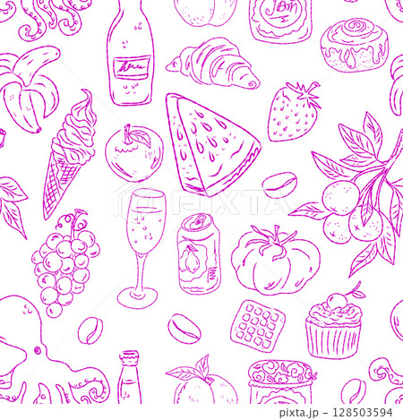 Seamless pattern of hand drawn summer food icons. Mediterranean dolce vita. Sketchy, whimsical style. Seamless pattern of hand drawn summer food icons. Mediterranean dolce vita. Sketchy, whimsical style. 128503594