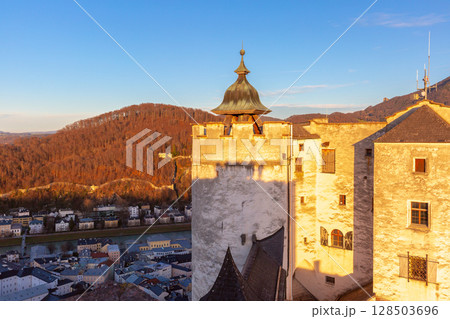 Hohensalzburg Fortress Walls at Sunset, Salzburg, Austria 128503696